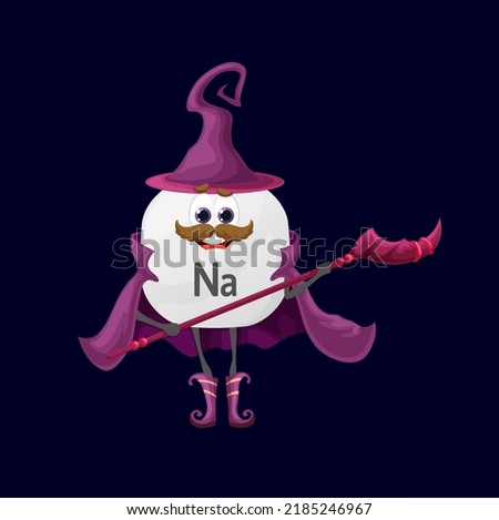 Cartoon sodium or natrium micronutrient mage character. Isolated happy vector Na wizard warlock nutrient capsule personage wear witch hat, cape holding staff. Funny food supplement, mineral wiz bubble Zdjęcia stock © 