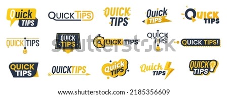 Quick tips icons, badges, advice and idea bulb or trick suggestions, vector symbols. Quick tips and useful information hint bubbles, help message stickers with lightbulb, arrow and stopwatch