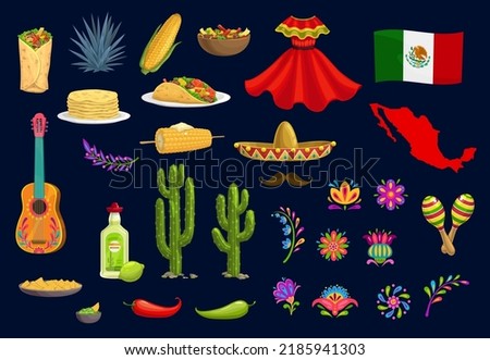 Mexican holiday food, items and national symbols. Mexican tacos, burrito and corn, agave tequila or mezcal drink, guitar and maracas musical instruments, national clothing, flower ethnic ornaments Foto stock © 
