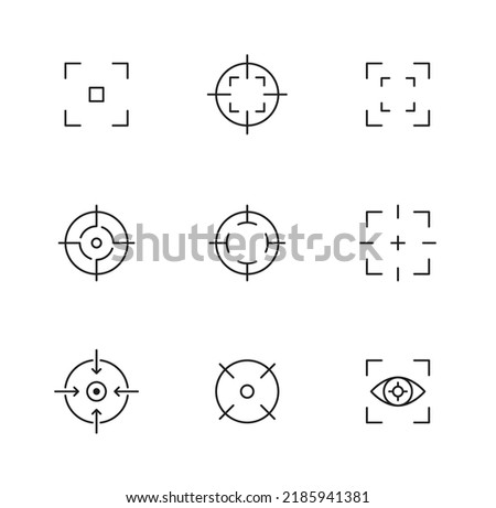 Focus icons, camera frame or photo viewfinder screen, target aim vector line symbols. Focus icons of photo or video camera lens with eye point, picture shutter focus with viewfinder frame grid