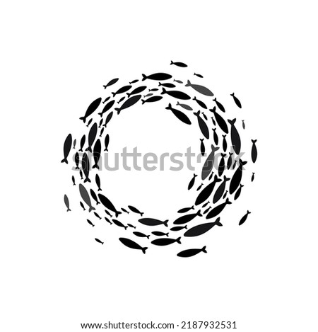 Round frame of shoal fish silhouette, isolated marine cod flock, floating underwater animals in group. Vector aquatic tuna, circle of ocean seafood