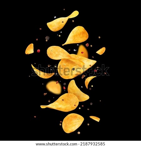 Falling crispy wavy potato chips, herbs and spices. Flying with black and red pepper salty crunchy potato chips, junk food snack realistic vector background. Falling cheese flavored chips with spices