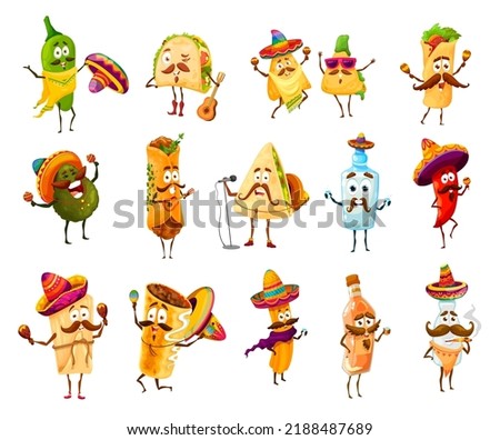 Mexican cartoon funny happy characters. Vector tex mex tequila, mariachi tacos, burrito and nachos playing on instruments, avocado, quesadilla and tamales, churros, jalapeno, mezcal and pulque bottles