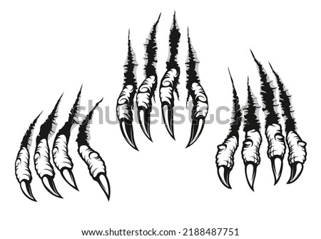 Dragon claw marks scratches, monster or wild beast animal torn cracks. Wolf monster or werewolf and dragon claw or paw isolated vector scratches with sharp fissures and damaged breaks