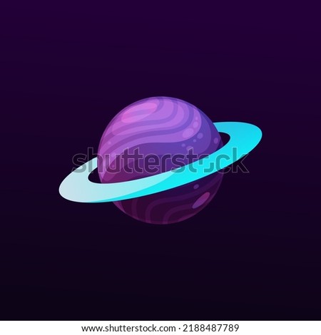 Cartoon purple planet with blue ring, fantasy space Saturn in galaxy world, vector icon. Alien galactic earth or satellite planet with mega rings in galaxy universe for cosmos universe game