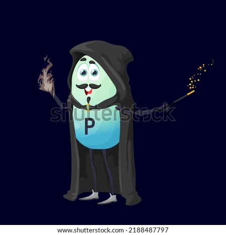 Cartoon phosphorus micronutrient wizard character. Isolated vector P warlock or necromancer personage wear black cape, holding wand and fireball in hands. Funny food supplement, nutrient mage or wiz Zdjęcia stock © 