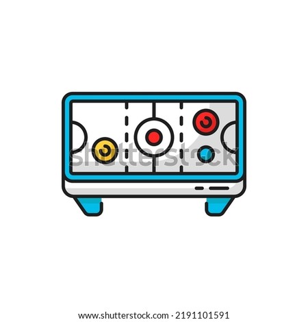 Arcade cabinet isolated air hockey table game color line icon. Vector sport game playing toy in amusement park, festival or playground. Vintage recreation cabinet air hockey table for two players play