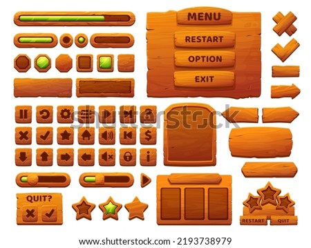 Wooden buttons cartoon interface. UI game, GUI elements with wooden texture. Game interface menu options, bars and sliders, user interface vector icons and buttons, wooden banners, arrows and