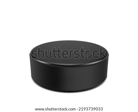 Realistic ice hockey puck, isolated 3d vector black rubber puck. Sports equipment of ice hockey game, tournament and competition on rink