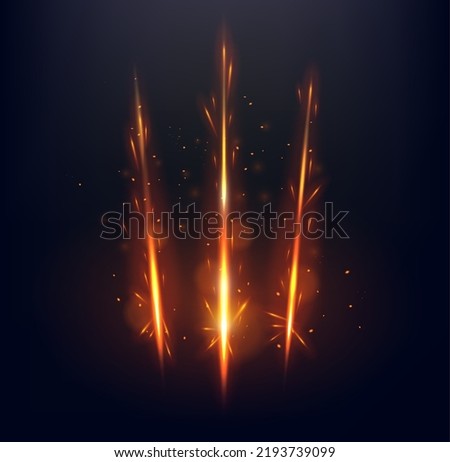 Fiery claw marks and scratches. Vector glowing traces of monster, predator nail trails with fire and sparks. Wild animal paws talon rips or sherds. Dragon or beast breaks, realistic 3d mark slashes