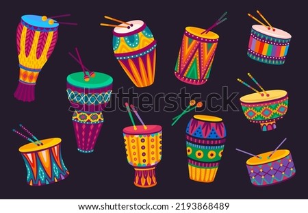 Brazilian and african drums, cartoon music instruments with traditional ornament. Vector Africa or Brazil ethnic or Latin folk percussion drums with drumsticks, carnival band djembe or cuica drums