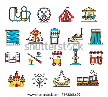 Amusement park, playground and funfair color outline icons with carousel, rollercoaster and roundabout. Amusement park, fair attractions line vector icons with kart, water slide and slot machine