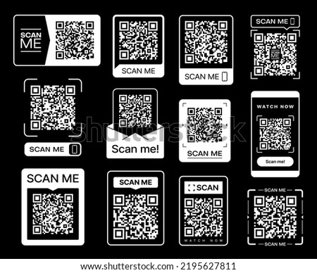 Scan me. QR code sticker icons. Phone barcode scanner, smartphone digital payment vector tags, mobile application quick ID or identity pass, web link QR code stickers