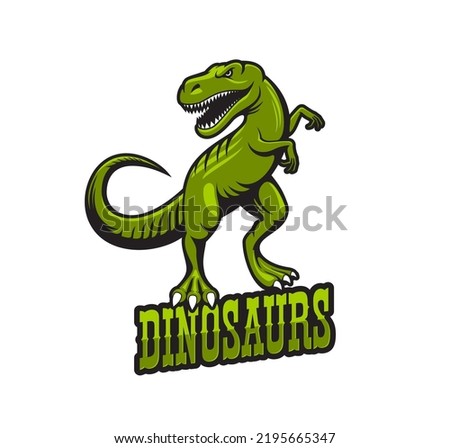 Tyrannosaur dinosaur mascot. Tyrannosaur reptile university or college sport team symbol, tyrannosaurus monster vector mascot character. Aggressive green raptor, jurassic reptile animal emblem