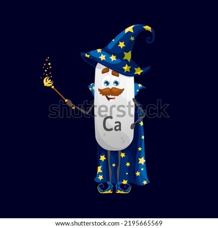 Cartoon calcium micronutrient wizard character. Isolated mustached vector Ca wizard warlock nutrient capsule personage wear astrologer hat and cloak with stars holding staff. Funny supplement wiz Zdjęcia stock © 