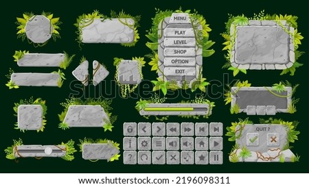 Stone game interface. UI game buttons, GUI elements and icons. Game interface bars, sliders and buttons with stone texture and jungle fern, liana plants, GUI banners and pointers, stone arrows