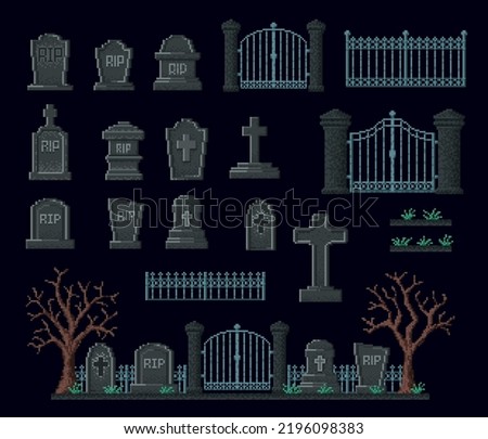 Cemetery 8bit pixel game assets, gravestone, fence, graveyard and Halloween vector, landscape. 8 bit pixel art game or video arcade assets of Halloween night tombstone and graves with fence gates