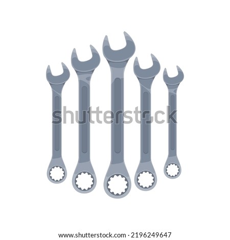 Wrenches or spanners, tools set for construction or carpentry, vector. Hardware equipment, metric combination spanners or wrenches with open and box ring ends