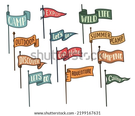 Camping pennant flags, isolated vector varsity scout or university banners for summer camp, outdoor hiking, camper wanderlust or adventure. Set of waving isolated flags on flagpoles