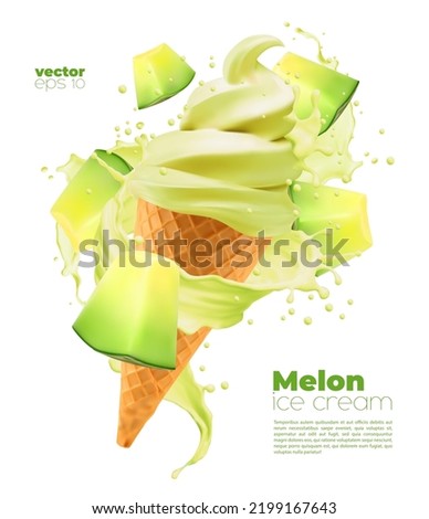 Isolated melon soft ice cream cone with fruit splash. Vector realistic icecream dessert in wafer cup with liquid sauce swirl, drops and fruit pieces. Cold dessert, sweet summer snack