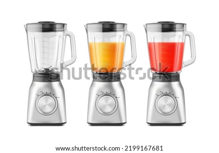 Realistic isolated juicer, kitchen mixer blender with orange and tomato juice. 3d vector electric appliance with shake or smoothie in glass or plastic jug. Modern equipment juicer device for cooking