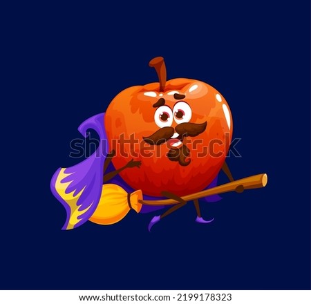 Cartoon Halloween red apple witch, wizard or sorcerer character. Ripe vector funny fruit in purple cloak flying on broom. Smiling fairy tale personage, isolated healthy food wiz, apple on broomstick Zdjęcia stock © 