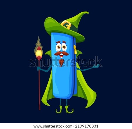 Cartoon school pencil case mage, wizard or warlock character. Vector box for pens and educational tools. Isolated smiling wiz wear green cape and witch hat. Happy comic Halloween personage with staff Zdjęcia stock © 