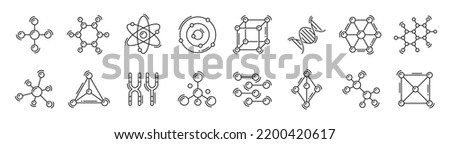 Atom, DNA, chromosome and molecule outline icons, vector molecular science line symbols. Genetic medicine, chemistry and biotechnology icons of X Y genes, genome cells or DNA helix with atom molecule