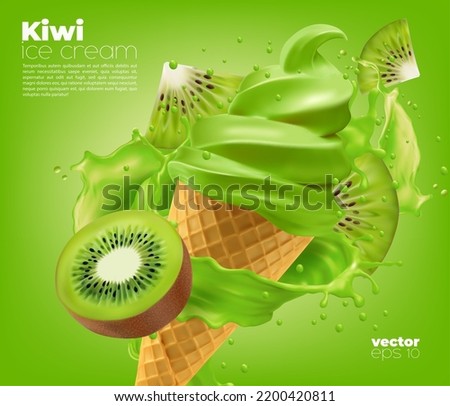 Kiwi soft ice cream cone with splash of fruit sauce, milk and berry slices. Vector 3d waffle cone with realistic green swirl of icecream, gelato or frozen yogurt, sweet milk dessert with kiwi topper