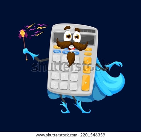 Cartoon school calculator wizard, mage or warlock character. Isolated vector funny office supply for counting. Modern stationery equipment, wiz Halloween personage wear cloak with magic wand in hand Zdjęcia stock © 