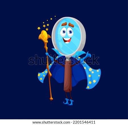 Cartoon school magnifying glass warlock, wizard or mage character. Isolated vector loupe wear astrologer cape with stars holding magic staff for Halloween party. Funny magnifier or zoom wiz personage Zdjęcia stock © 