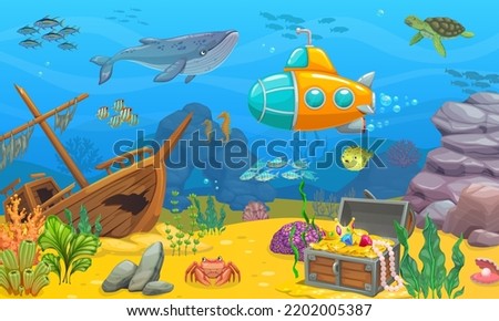 Underwater game level landscape. Sunken ship, whale, submarine, turtle and fish shoal, treasure chest and seaweed. Cartoon vector underwater ocean world background with shipwreck boat and loot trunk