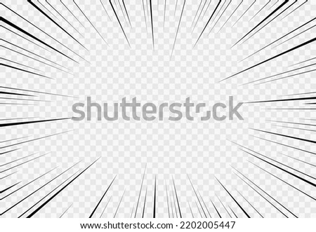 Manga transparent background. Comic explosion, motion speed vector radial lines of action effect. Anime comics book abstract frame with black pattern of superhero action lines, explosion or burst rays