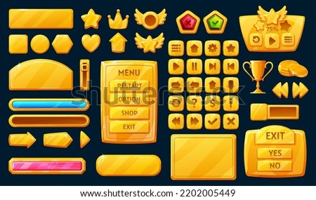 Golden interface game buttons, ui, gui elements. Vector set pop-up window with main menu, options panel, progress bar, health scale, direction keys and indicators. User icons kit, dashboard game asset