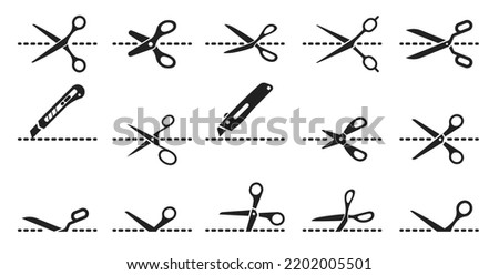 Cut lines, scissors, cutter or utility knife cutting lines, dashed vector icons. Cutting line borders for coupon, envelope letter or paper separation, cutting off dash line icons of scissors and knife