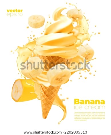 Isolated banana soft ice cream cone with splash. Vector realistic icecream in wafer cup with yellow sauce swirl and tropical fruit slices. Sweet summer dessert, banana ice cream