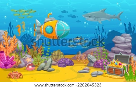 Underwater game landscape with submarine. Cartoon vector sea bottom with treasure chest, aquatic plants, coral reef, rocks and underwater animals. Ocean world with bathyscaphe, fish, shark and crab