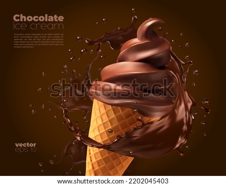 Chocolate ice cream dessert cone with splash, vector realistic ad with choco splashing. Chocolate ice cream in wafer cone with cocoa topping flow wave and drops splatter, iecream advertising