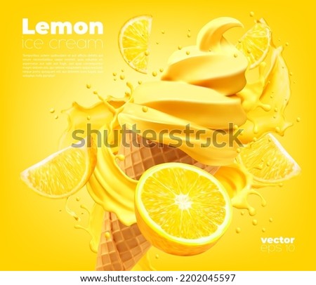 Citrus lemon soft ice cream cone with splash of yellow syrup and juicy lemon slices, vector summer milk dessert. Realistic 3d citrus fruit icecream or gelato swirl in waffle cone with sauce topping