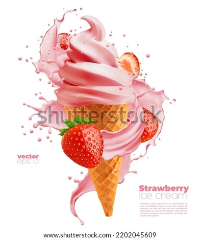 Isolated soft strawberry ice cream cone with swirl splash on white background. Realistic vector icecream in wafer cup with ripe berries and sauce twist. Sweet ice cream confectionery dessert