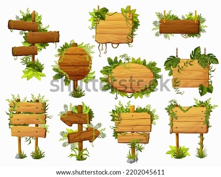 Cartoon wooden signs and boards with tropical jungle lianas, vector signboards. Wooden arrow and board signs in liana vines or thicket frames, entrance or direction wooden signboards in leaves