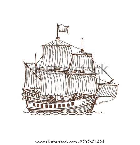 Brigantine vintage sailing ship boat with canvas isolated sketch icon. Boat vintage icon, seafarer vessel on sea or ocean waves. Pirate sailboat with canvas ストックフォト © 