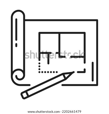 Interior design, home project and house architecture plan vector line icon. Apartments interior design and architect project development icon of blueprint and pencil for reals estate planning