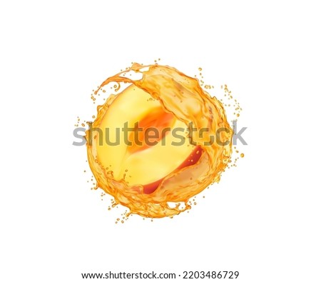 Peach fruit slice with juice splash. Healthy drink swirl or whirl with droplets, vitamin summer beverage realistic vector twirl or flow. Isolated fresh peach juicy drink whirl with flying splatters
