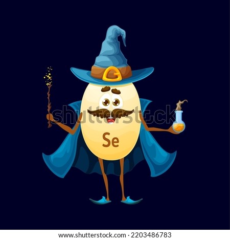 Cartoon happy selenium micronutrient mage character. Isolated vector Se wizard warlock nutrient capsule personage wear blue witch hat and cloak holding wand and magic potion. Funny food supplement wiz Zdjęcia stock © 