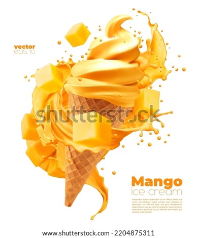 Isolated mango soft ice cream cone with splash. Vector realistic yellow icecream swirl in wafer cup with sauce drippings and flying fruit cubes. Sweet creamy dessert