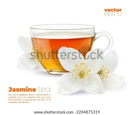 Realistic jasmine tea cup and flower for herbal flavor drink package, vector 3D. Green tea with jasmine in transparent glass teacup or cup, pack design for floral flavor organic healthy drink