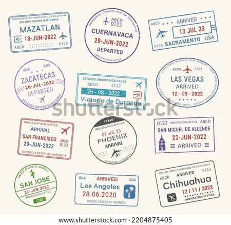 Passport travel stamps, journey visa of airport arrival and departure, vector. International passport travel stamps of Mexico, Las Vegas, Los Angeles, San Francisco and Phenix, San Jose and Sacramento