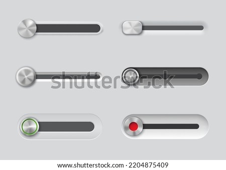 UI slider bar buttons, control, web interface volume slide toggles, realistic vector. Slider buttons for switch off, website or app menu bars and settings switcher controls in music player UI