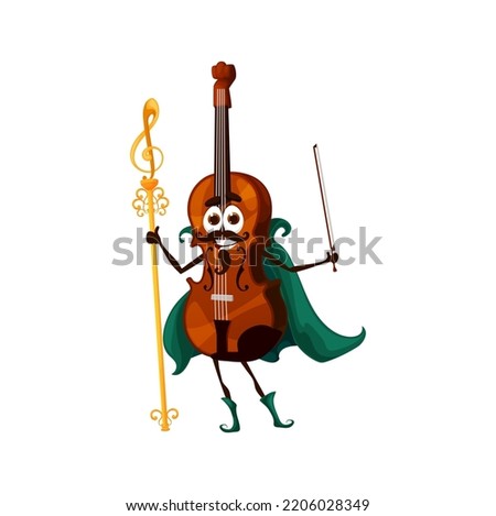 Cartoon violin magician character. Isolated vector musical string instrument wear wiz cape, personage with magic staff. Educational classes for kids, musician wiz with smiling face and bow in hand Zdjęcia stock © 